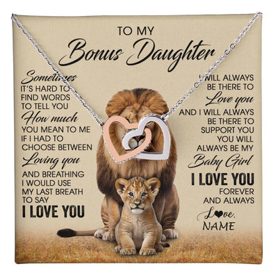 Interlocking Hearts Necklace Stainless Steel & Rose Gold Finish | 1 | Personalized To My Bonus Daughter Necklace From Stepdad Sometimes It's Hard Lion Stepdaughter Gift Birthday Jewelry Christmas Customized Gift Box Message Card | teecentury