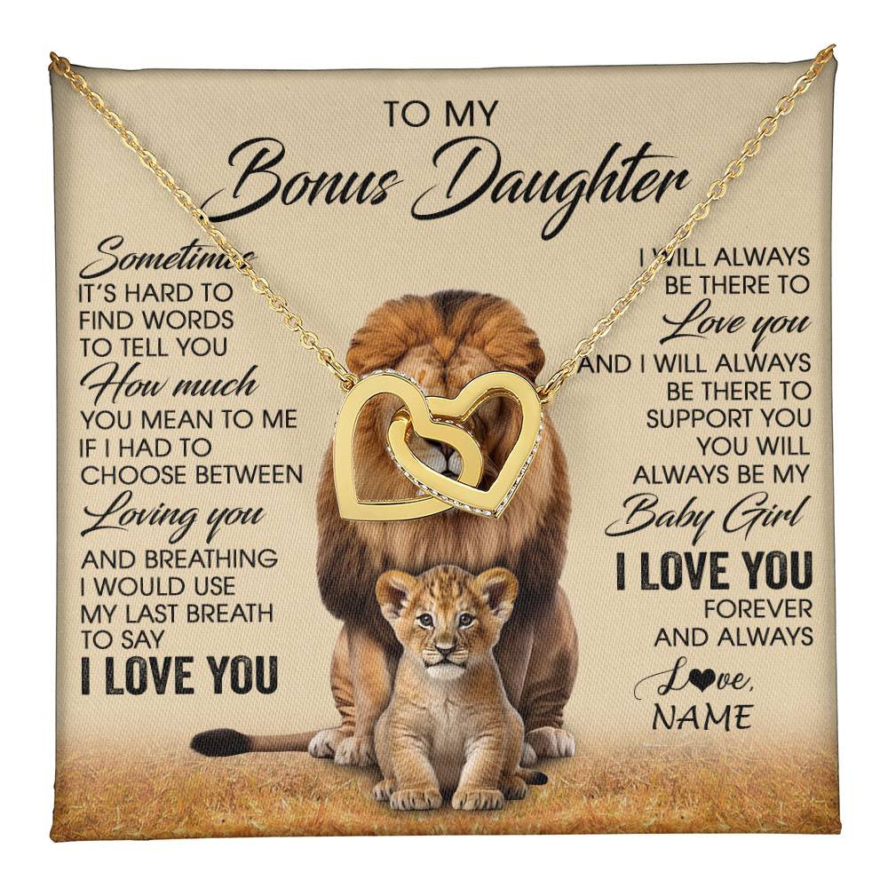 Interlocking Hearts Necklace 18K Yellow Gold Finish | 1 | Personalized To My Bonus Daughter Necklace From Stepdad Sometimes It's Hard Lion Stepdaughter Gift Birthday Jewelry Christmas Customized Gift Box Message Card | teecentury