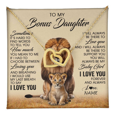 Interlocking Hearts Necklace 18K Yellow Gold Finish | 1 | Personalized To My Bonus Daughter Necklace From Stepdad Sometimes It's Hard Lion Stepdaughter Gift Birthday Jewelry Christmas Customized Gift Box Message Card | teecentury