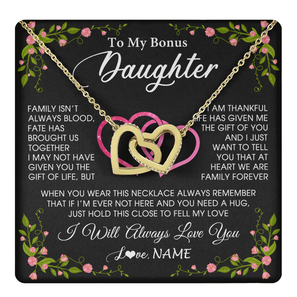 Interlocking Hearts Necklace 18K Yellow Gold Finish | 1 | Personalized To My Bonus Daughter Necklace From Stepdad Stepmom Family Unbiological Step Daughter Birthday Gifts Christmas Customized Gift Box Message Card | teecentury