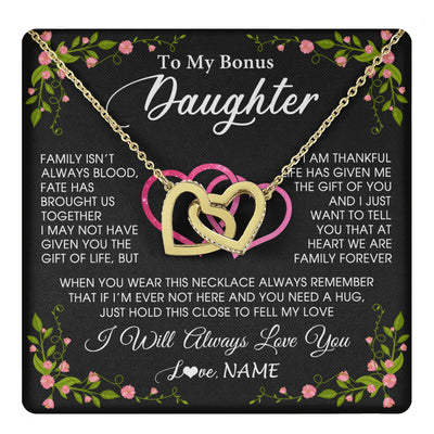 Interlocking Hearts Necklace 18K Yellow Gold Finish | 1 | Personalized To My Bonus Daughter Necklace From Stepdad Stepmom Family Unbiological Step Daughter Birthday Gifts Christmas Customized Gift Box Message Card | teecentury