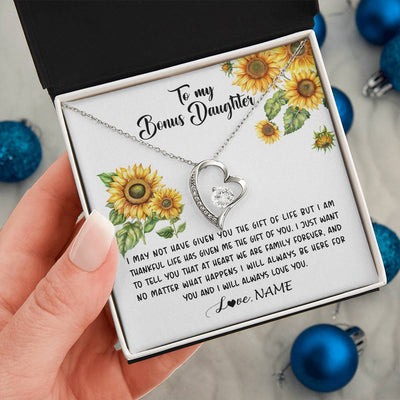 Forever Love Necklace 14K White Gold Finish | 2 | Personalized To My Bonus Daughter Necklace From Stepdad Stepmom Sunflower Unbiological Daughter Stepdaughter On Her Birthday Gifts Christmas Message Card | teecentury