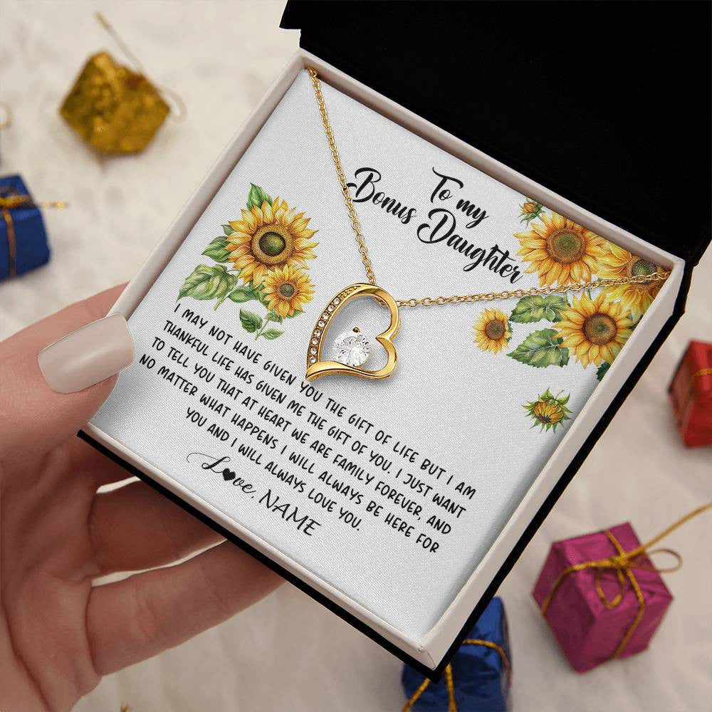 Forever Love Necklace 18K Yellow Gold Finish | 2 | Personalized To My Bonus Daughter Necklace From Stepdad Stepmom Sunflower Unbiological Daughter Stepdaughter On Her Birthday Gifts Christmas Message Card | teecentury