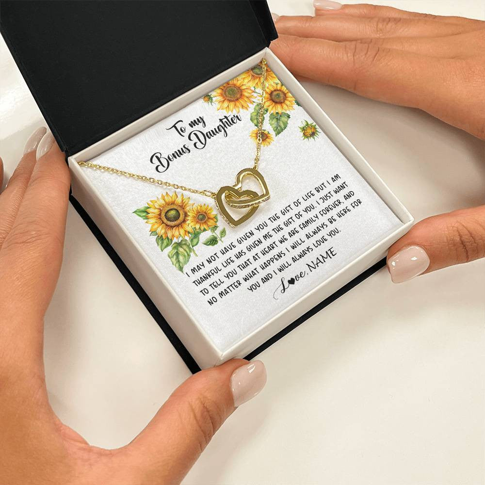 Interlocking Hearts Necklace 18K Yellow Gold Finish | 2 | Personalized To My Bonus Daughter Necklace From Stepdad Stepmom Sunflower Unbiological Daughter Stepdaughter On Her Birthday Gifts Christmas Message Card | teecentury