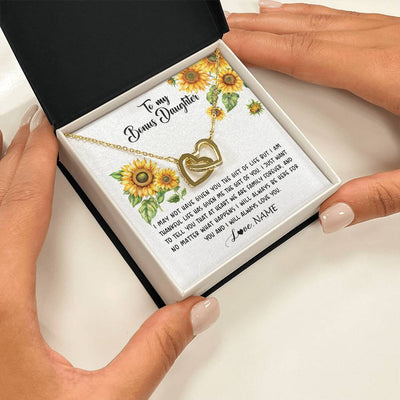 Interlocking Hearts Necklace 18K Yellow Gold Finish | 2 | Personalized To My Bonus Daughter Necklace From Stepdad Stepmom Sunflower Unbiological Daughter Stepdaughter On Her Birthday Gifts Christmas Message Card | teecentury