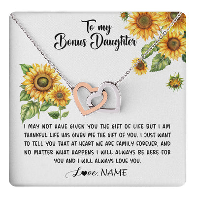 Interlocking Hearts Necklace Stainless Steel & Rose Gold Finish | 1 | Personalized To My Bonus Daughter Necklace From Stepdad Stepmom Sunflower Unbiological Daughter Stepdaughter On Her Birthday Gifts Christmas Message Card | teecentury