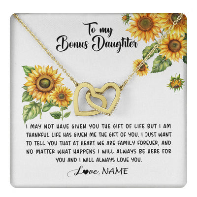 Interlocking Hearts Necklace 18K Yellow Gold Finish | 1 | Personalized To My Bonus Daughter Necklace From Stepdad Stepmom Sunflower Unbiological Daughter Stepdaughter On Her Birthday Gifts Christmas Message Card | teecentury