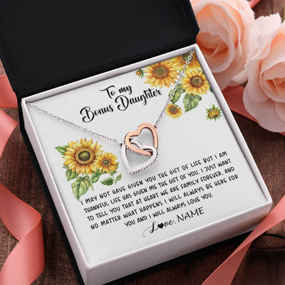 Interlocking Hearts Necklace Stainless Steel & Rose Gold Finish | 2 | Personalized To My Bonus Daughter Necklace From Stepdad Stepmom Sunflower Unbiological Daughter Stepdaughter On Her Birthday Gifts Christmas Message Card | teecentury