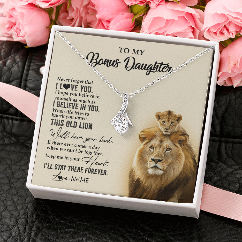 Alluring Beauty Necklace 14K White Gold Finish | 2 | Personalized To My Bonus Daughter Necklace From Stepdad This Old Lion Never Forget I Love You Stepdaughter Birthday Christmas Customized Gift Box Message Card | teecentury