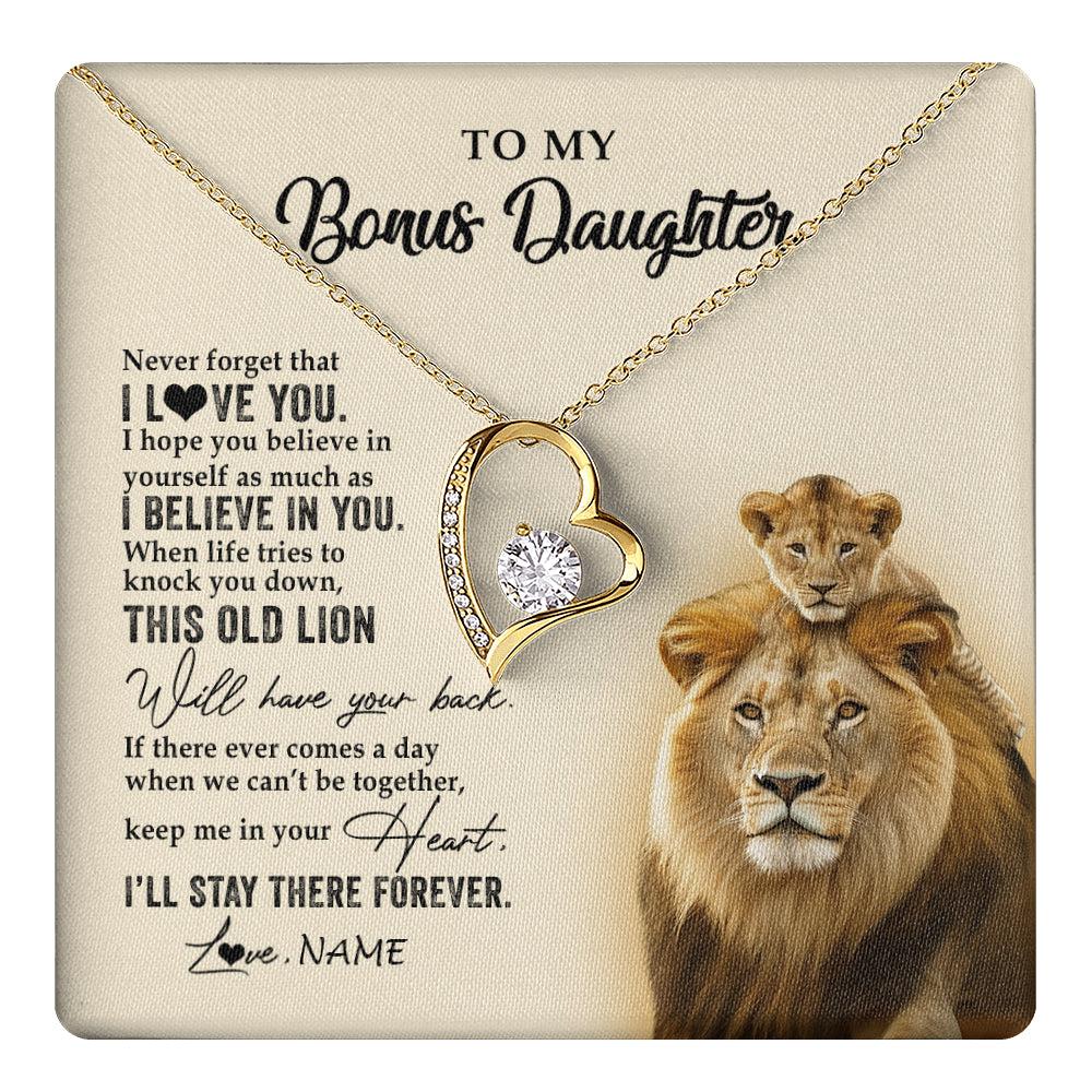 Forever Love Necklace 18K Yellow Gold Finish | 1 | Personalized To My Bonus Daughter Necklace From Stepdad This Old Lion Never Forget I Love You Stepdaughter Birthday Christmas Customized Gift Box Message Card | teecentury