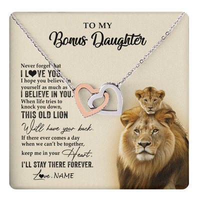 Interlocking Hearts Necklace Stainless Steel & Rose Gold Finish | 1 | Personalized To My Bonus Daughter Necklace From Stepdad This Old Lion Never Forget I Love You Stepdaughter Birthday Christmas Customized Gift Box Message Card | teecentury