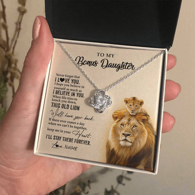 Love Knot Necklace 14K White Gold Finish | 2 | Personalized To My Bonus Daughter Necklace From Stepdad This Old Lion Never Forget I Love You Stepdaughter Birthday Christmas Customized Gift Box Message Card | teecentury