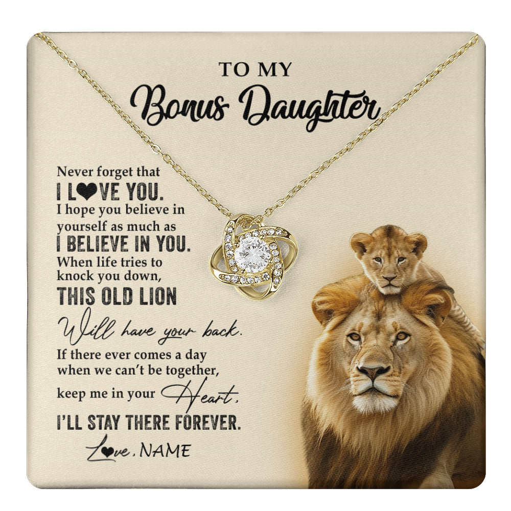 Love Knot Necklace 18K Yellow Gold Finish | 1 | Personalized To My Bonus Daughter Necklace From Stepdad This Old Lion Never Forget I Love You Stepdaughter Birthday Christmas Customized Gift Box Message Card | teecentury