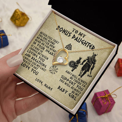 Forever Love Necklace 18K Yellow Gold Finish | 2 | Personalized To My Bonus Daughter Necklace From Stepdad Viking Never Feel That You Are Alone Viking Stepdaughter Christmas Customized Gift Box Message Card | teecentury