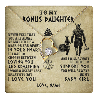 Forever Love Necklace 18K Yellow Gold Finish | 1 | Personalized To My Bonus Daughter Necklace From Stepdad Viking Never Feel That You Are Alone Viking Stepdaughter Christmas Customized Gift Box Message Card | teecentury