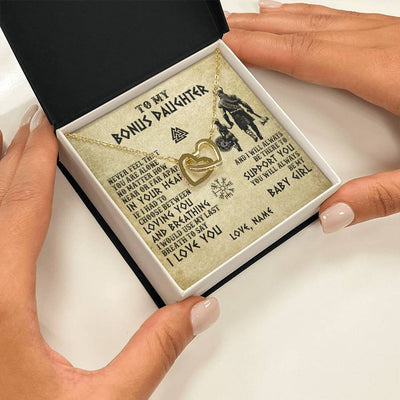 Interlocking Hearts Necklace 18K Yellow Gold Finish | 2 | Personalized To My Bonus Daughter Necklace From Stepdad Viking Never Feel That You Are Alone Viking Stepdaughter Christmas Customized Gift Box Message Card | teecentury