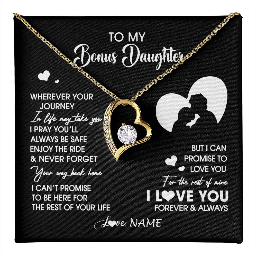 Forever Love Necklace 18K Yellow Gold Finish | 1 | Personalized To My Bonus Daughter Necklace From Stepdad Wherever Your Journey Stepdaughter Birthday Gifts Graduation Christmas Customized Gift Box Message Card | teecentury