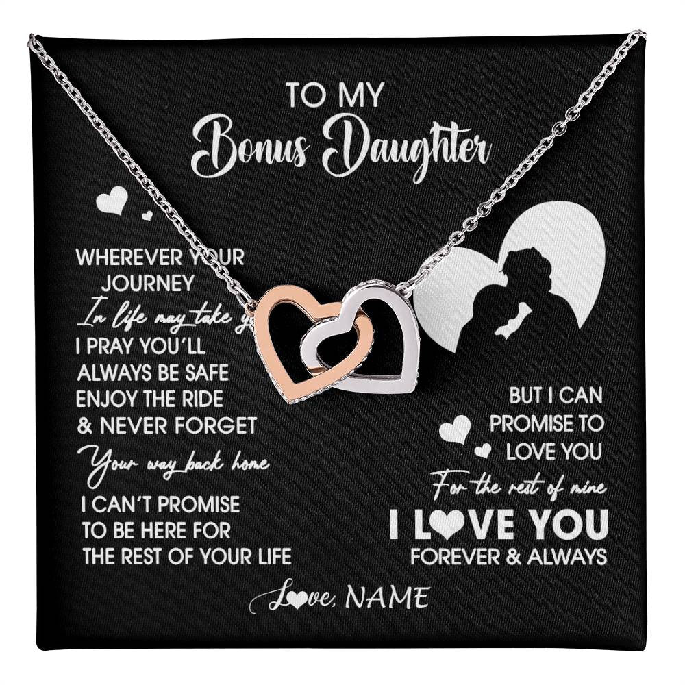 Interlocking Hearts Necklace Stainless Steel & Rose Gold Finish | 1 | Personalized To My Bonus Daughter Necklace From Stepdad Wherever Your Journey Stepdaughter Birthday Gifts Graduation Christmas Customized Gift Box Message Card | teecentury