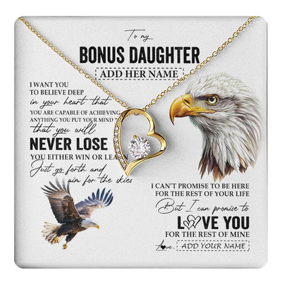 Forever Love Necklace 18K Yellow Gold Finish | 1 | Personalized To My Bonus Daughter Necklace From Stepdad You Will Never Lose Eagle Stepdaughter Birthday Gifts Graduation Christmas Gift Box Message Card | teecentury