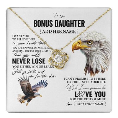 Love Knot Necklace 18K Yellow Gold Finish | 1 | Personalized To My Bonus Daughter Necklace From Stepdad You Will Never Lose Eagle Stepdaughter Birthday Gifts Graduation Christmas Gift Box Message Card | teecentury