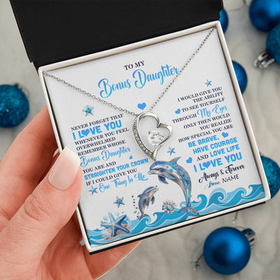 Forever Love Necklace 14K White Gold Finish | 2 | Personalized To My Bonus Daughter Necklace From Stepdmom Dophin Never Forget I Love You Stepddaughter Birthday Gifts Christmas Customized Gift Box Message Card | teecentury
