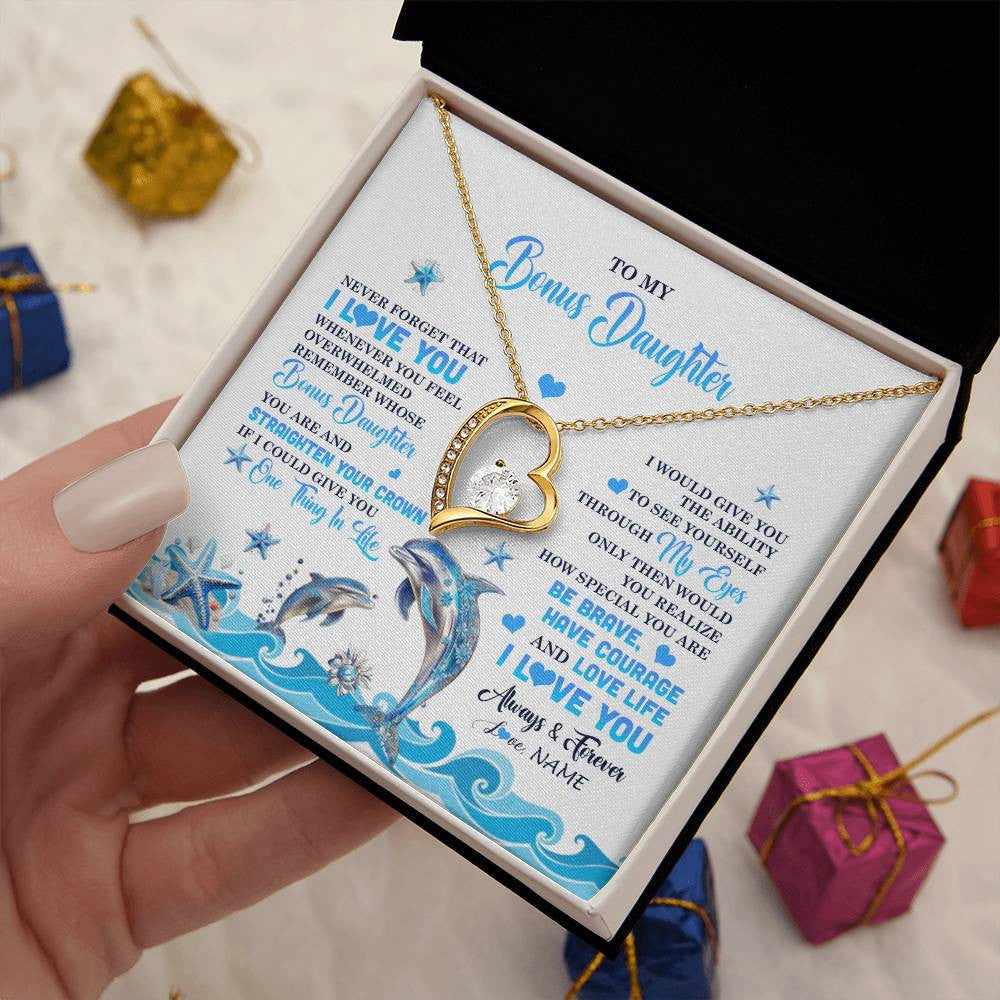 Forever Love Necklace 18K Yellow Gold Finish | 2 | Personalized To My Bonus Daughter Necklace From Stepdmom Dophin Never Forget I Love You Stepddaughter Birthday Gifts Christmas Customized Gift Box Message Card | teecentury
