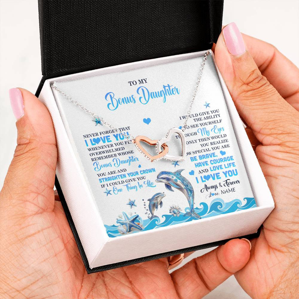 Interlocking Hearts Necklace Stainless Steel & Rose Gold Finish | 2 | Personalized To My Bonus Daughter Necklace From Stepdmom Dophin Never Forget I Love You Stepddaughter Birthday Gifts Christmas Customized Gift Box Message Card | teecentury