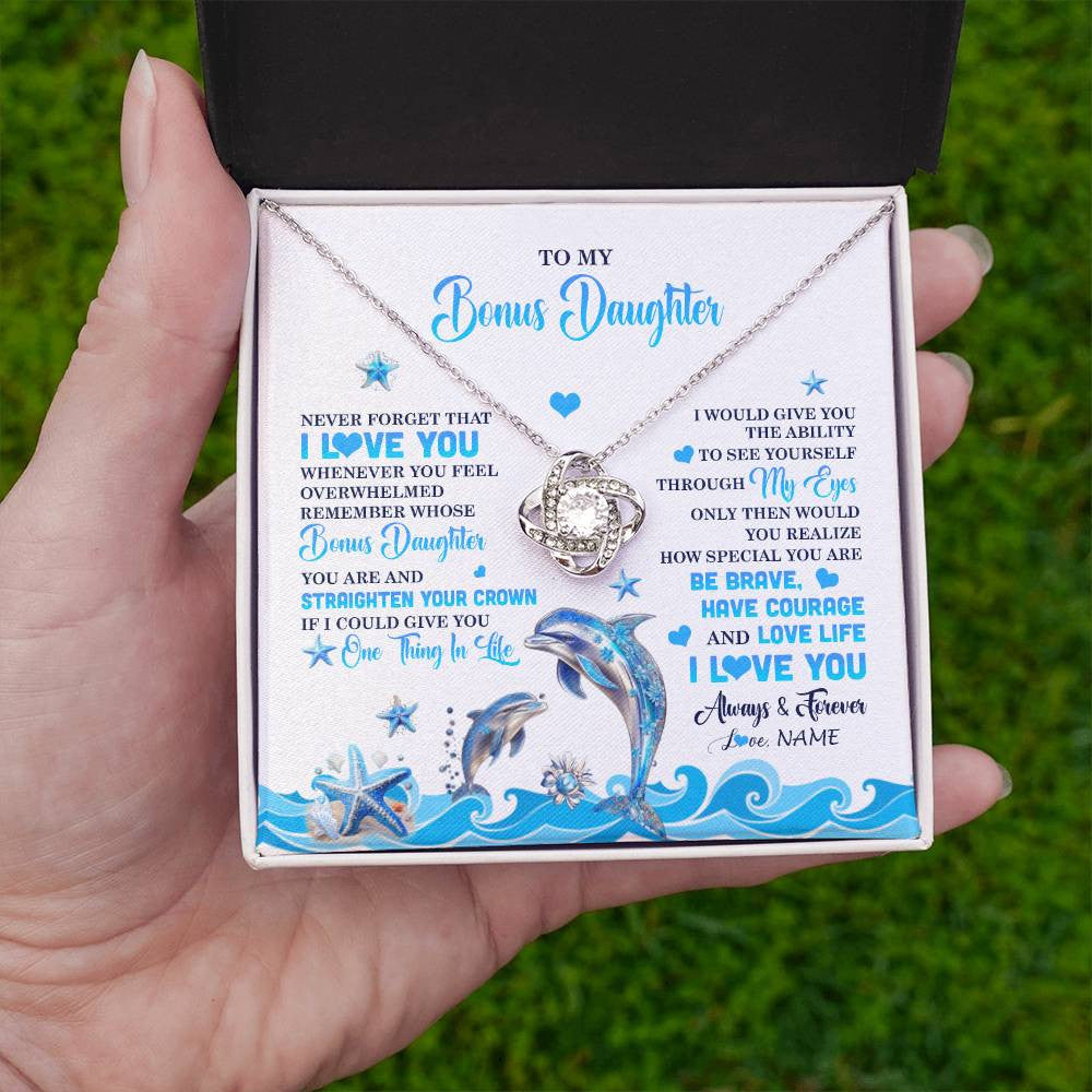 Love Knot Necklace 14K White Gold Finish | 2 | Personalized To My Bonus Daughter Necklace From Stepdmom Dophin Never Forget I Love You Stepddaughter Birthday Gifts Christmas Customized Gift Box Message Card | teecentury