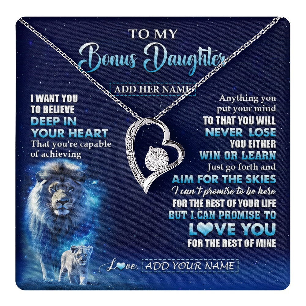 Forever Love Necklace 14K White Gold Finish | 1 | Personalized To My Bonus Daughter Necklace From Stepfather Believe Your Heart Stepdaughter Gift Birthday Graduation Christmas Customized Gift Box Message Card | teecentury.myshopify
