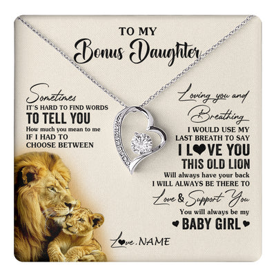 Forever Love Necklace 14K White Gold Finish | 1 | Personalized To My Bonus Daughter Necklace From Stepfather I Love You This Old Lion Stepdaughter Birthday Christmas Customized Gift Box Message Card | teecentury