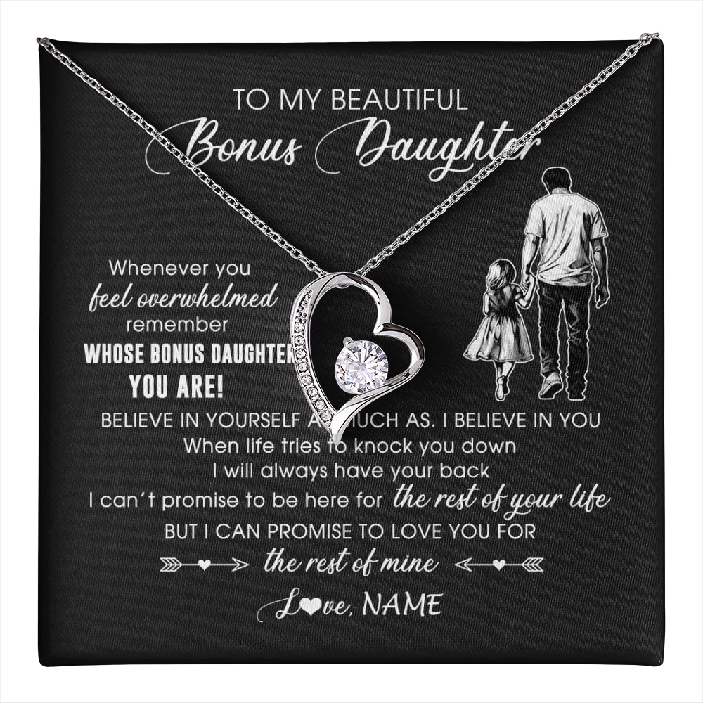 Forever Love Necklace 14K White Gold Finish | 1 | Personalized To My Bonus Daughter Necklace From Stepfather Whenever You Feel Overwhelmed Stepdaughter Jewelry Birthday Christmas Customized Message Card | teecentury