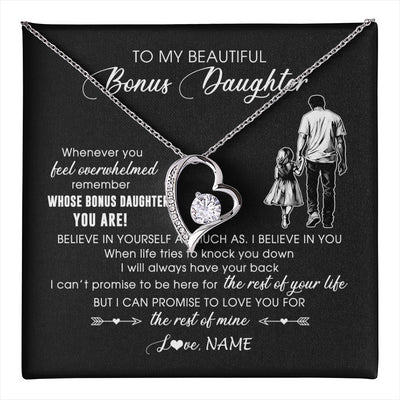 Forever Love Necklace 14K White Gold Finish | 1 | Personalized To My Bonus Daughter Necklace From Stepfather Whenever You Feel Overwhelmed Stepdaughter Jewelry Birthday Christmas Customized Message Card | teecentury