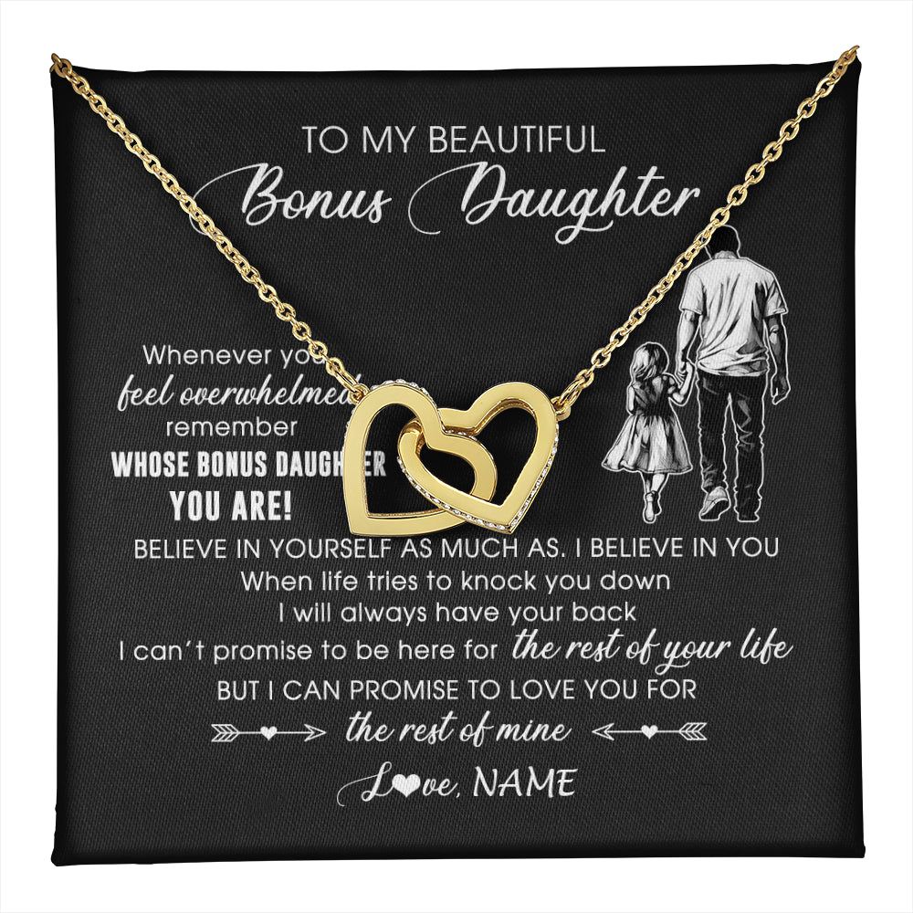 Interlocking Hearts Necklace 18K Yellow Gold Finish | 1 | Personalized To My Bonus Daughter Necklace From Stepfather Whenever You Feel Overwhelmed Stepdaughter Jewelry Birthday Christmas Customized Message Card | teecentury