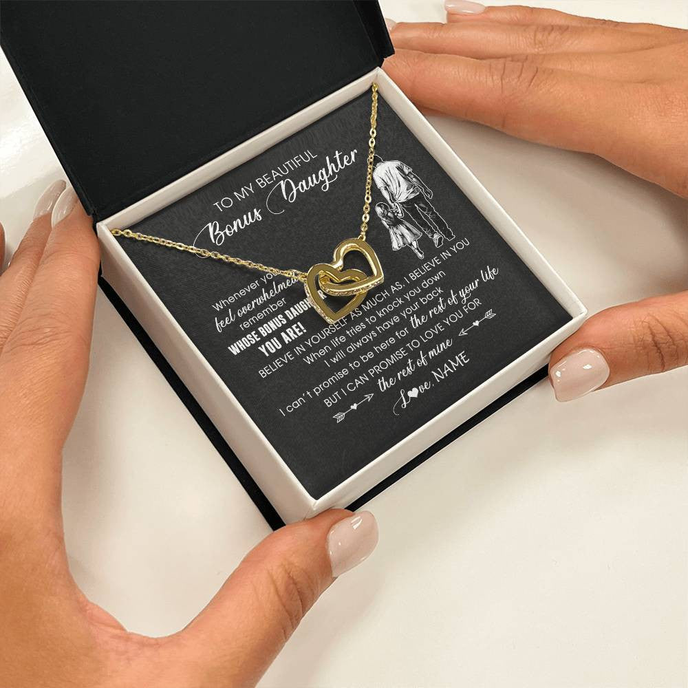 Interlocking Hearts Necklace 18K Yellow Gold Finish | 2 | Personalized To My Bonus Daughter Necklace From Stepfather Whenever You Feel Overwhelmed Stepdaughter Jewelry Birthday Christmas Customized Message Card | teecentury