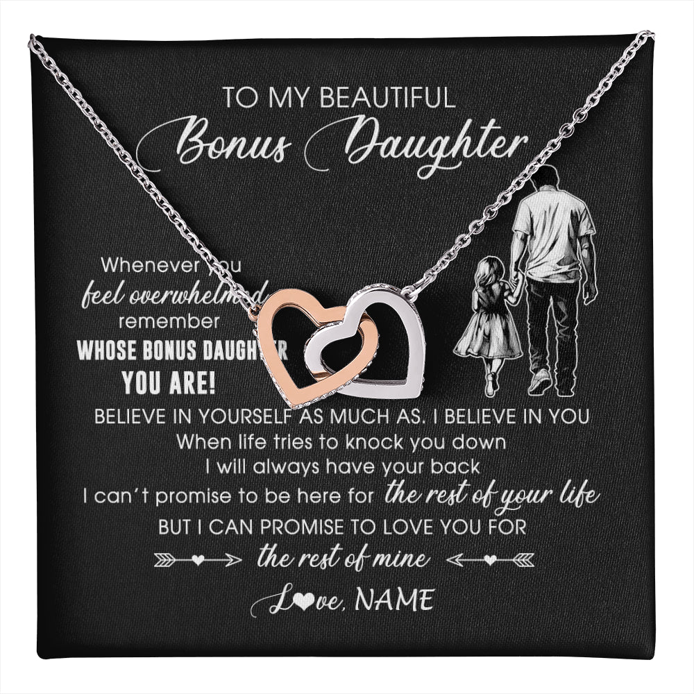 Interlocking Hearts Necklace Stainless Steel & Rose Gold Finish | 1 | Personalized To My Bonus Daughter Necklace From Stepfather Whenever You Feel Overwhelmed Stepdaughter Jewelry Birthday Christmas Customized Message Card | teecentury