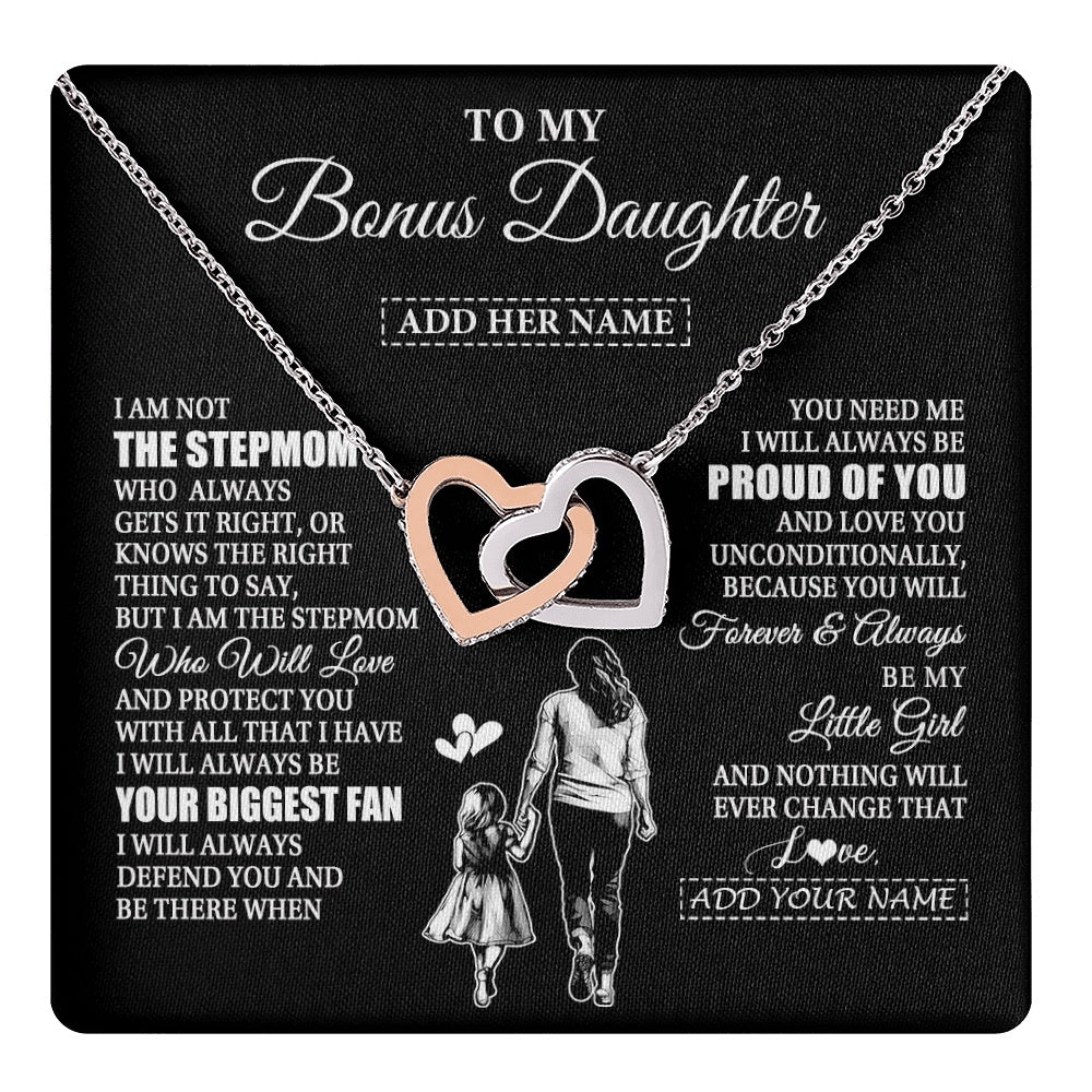 Interlocking Hearts Necklace Stainless Steel & Rose Gold Finish | 1 | Personalized To My Bonus Daughter Necklace From Stepmom Biggest Fan Birthday Gifts For Stepdaughter From Stepmother Christmas Custom Gift Box Message Card | teecentury.myshopify