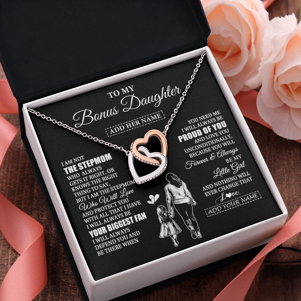 Interlocking Hearts Necklace Stainless Steel & Rose Gold Finish | 2 | Personalized To My Bonus Daughter Necklace From Stepmom Biggest Fan Birthday Gifts For Stepdaughter From Stepmother Christmas Custom Gift Box Message Card | teecentury.myshopify