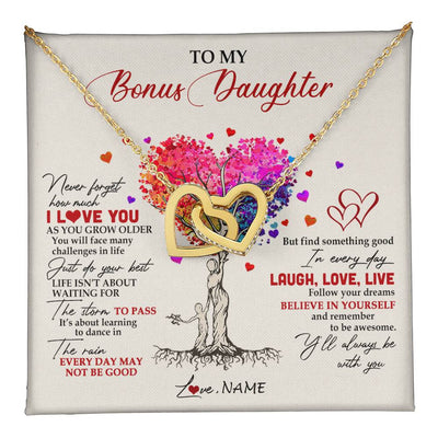 Interlocking Hearts Necklace 18K Yellow Gold Finish | 1 | Personalized To My Bonus Daughter Necklace From Stepmom Colorful Tree Never Forget I Love You Stepdaughter Birthday Christmas Customized Gift Box Message Card | teecentury