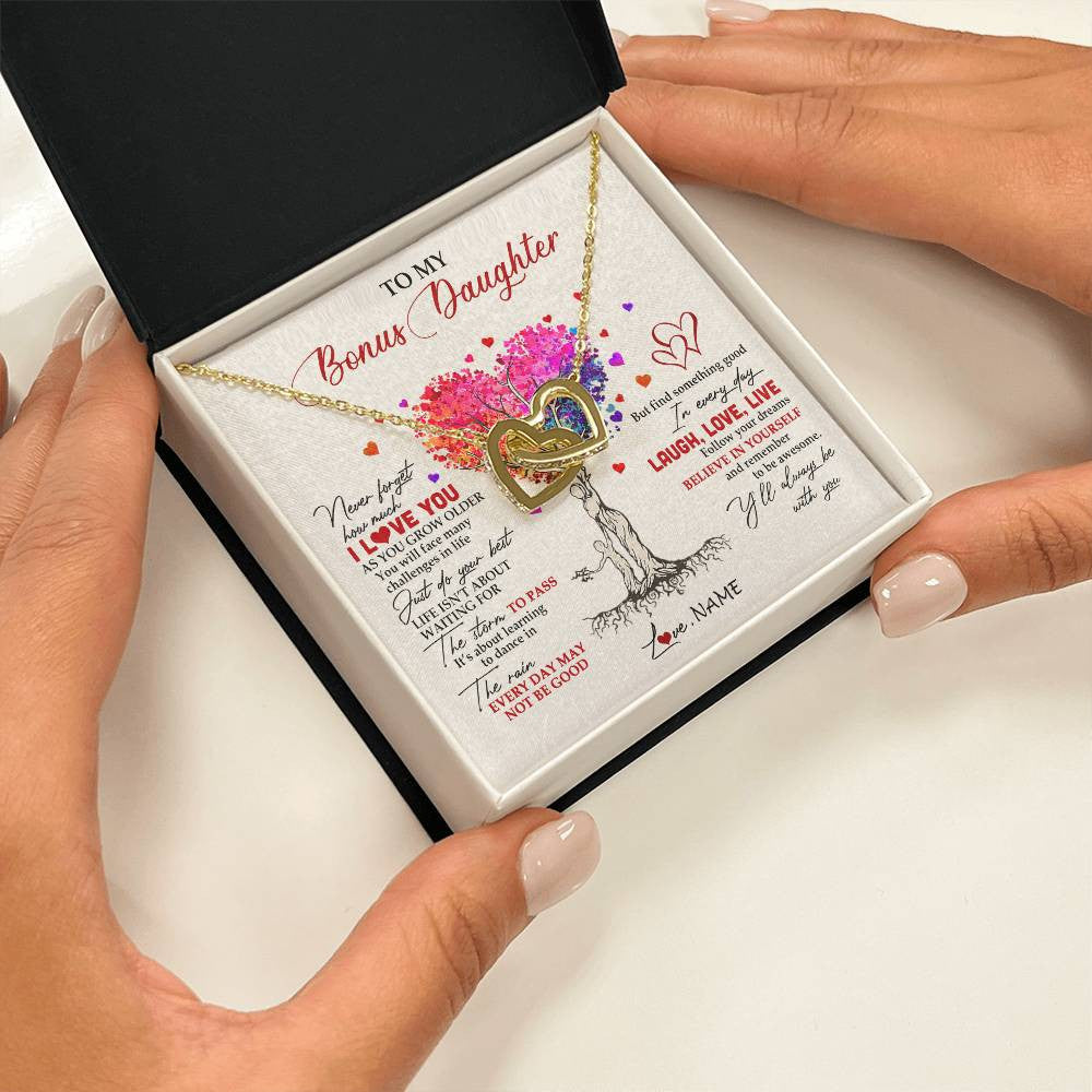 Interlocking Hearts Necklace 18K Yellow Gold Finish | 2 | Personalized To My Bonus Daughter Necklace From Stepmom Colorful Tree Never Forget I Love You Stepdaughter Birthday Christmas Customized Gift Box Message Card | teecentury