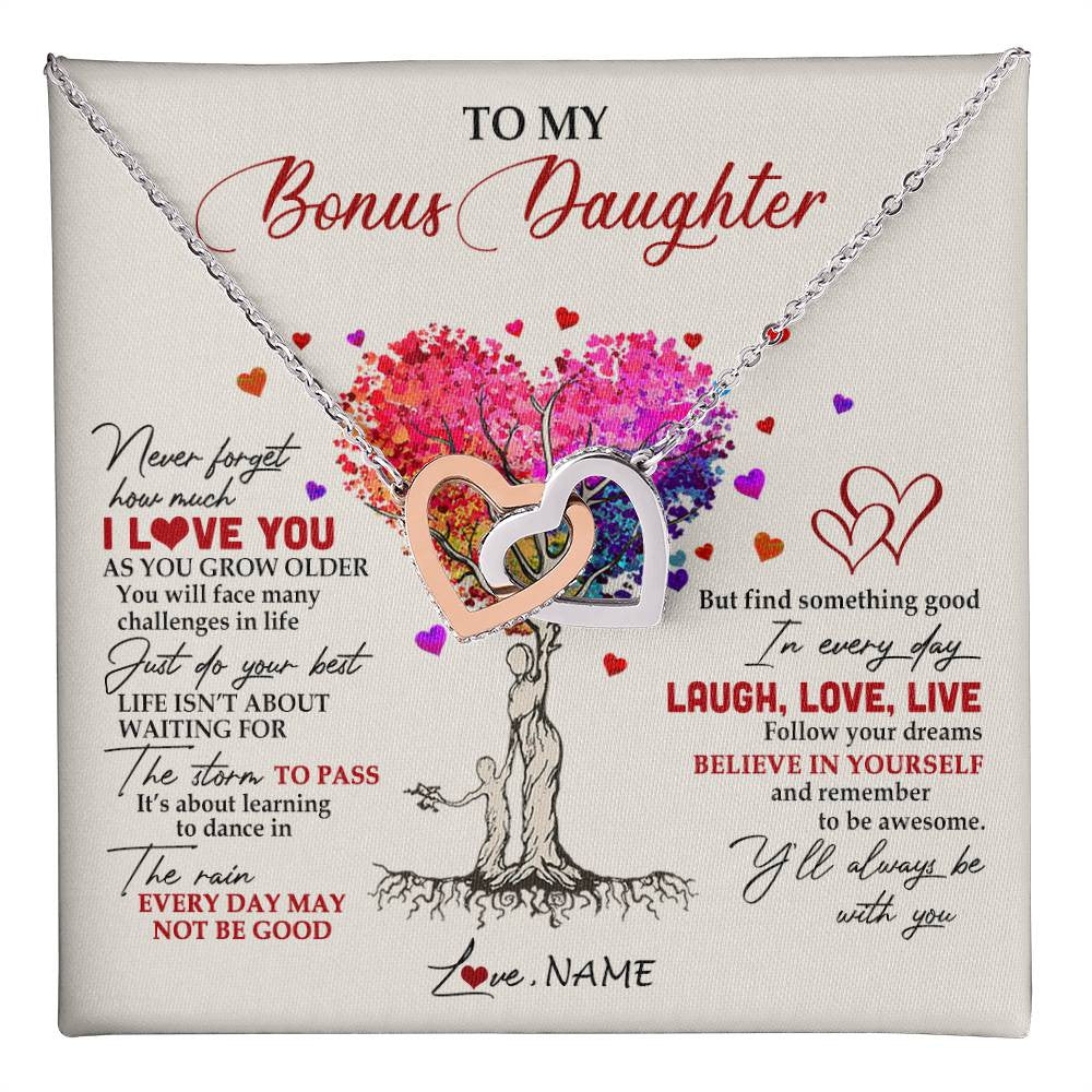 Interlocking Hearts Necklace Stainless Steel & Rose Gold Finish | 1 | Personalized To My Bonus Daughter Necklace From Stepmom Colorful Tree Never Forget I Love You Stepdaughter Birthday Christmas Customized Gift Box Message Card | teecentury