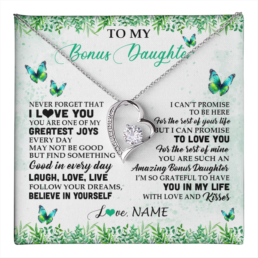 Forever Love Necklace 14K White Gold Finish | 1 | Personalized To My Bonus Daughter Necklace From Stepmom Dad Butterfly Laugh Love Live Birthday Motivational Quote Christmas Customized Gift Box Message Card | teecentury