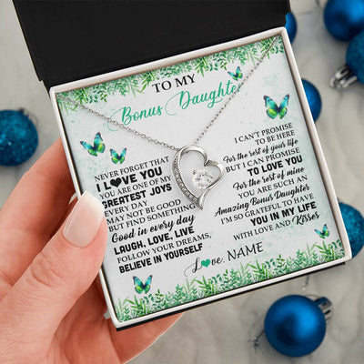 Forever Love Necklace 14K White Gold Finish | 2 | Personalized To My Bonus Daughter Necklace From Stepmom Dad Butterfly Laugh Love Live Birthday Motivational Quote Christmas Customized Gift Box Message Card | teecentury
