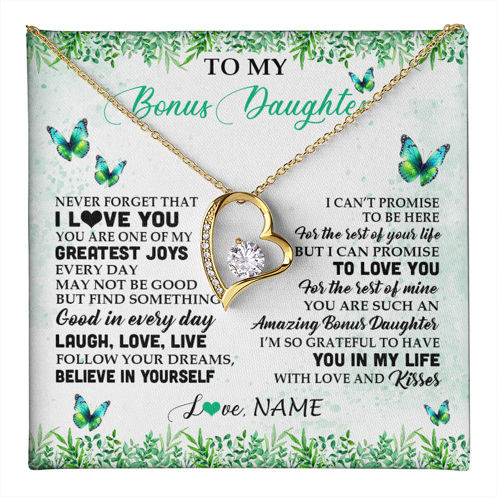 Forever Love Necklace 18K Yellow Gold Finish | 1 | Personalized To My Bonus Daughter Necklace From Stepmom Dad Butterfly Laugh Love Live Birthday Motivational Quote Christmas Customized Gift Box Message Card | teecentury