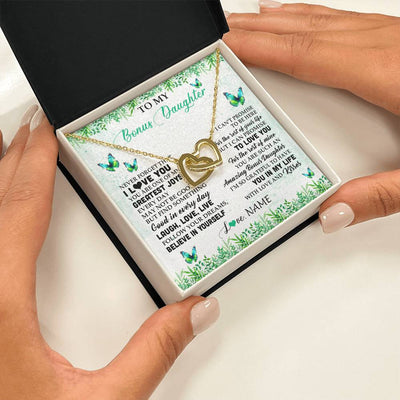 Interlocking Hearts Necklace 18K Yellow Gold Finish | 2 | Personalized To My Bonus Daughter Necklace From Stepmom Dad Butterfly Laugh Love Live Birthday Motivational Quote Christmas Customized Gift Box Message Card | teecentury
