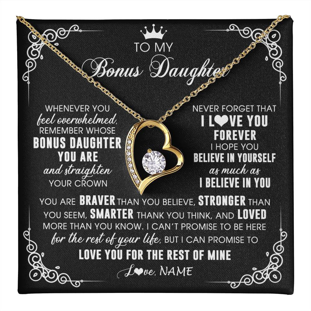 Forever Love Necklace 18K Yellow Gold Finish | 1 | Personalized To My Bonus Daughter Necklace From Stepmom Dad Inspirational Strength Bonus Daughter Birthday Gifts Christmas Customized Gift Box Message Card | teecentury