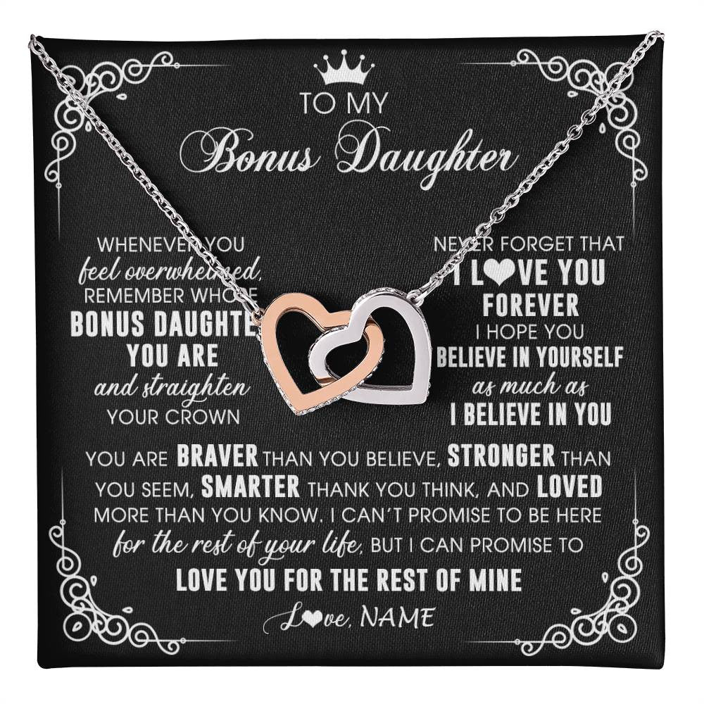 Interlocking Hearts Necklace Stainless Steel & Rose Gold Finish | 1 | Personalized To My Bonus Daughter Necklace From Stepmom Dad Inspirational Strength Bonus Daughter Birthday Gifts Christmas Customized Gift Box Message Card | teecentury