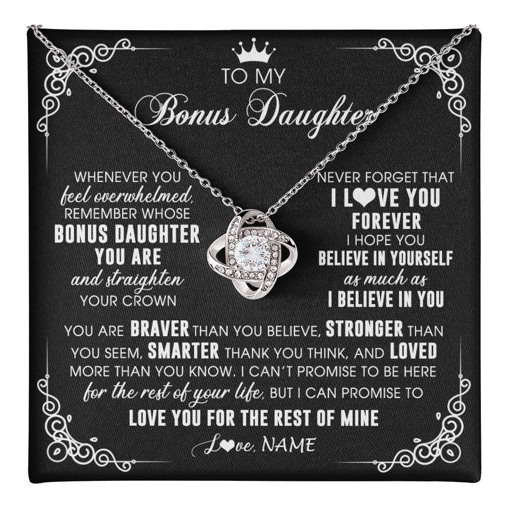 Love Knot Necklace 14K White Gold Finish | 1 | Personalized To My Bonus Daughter Necklace From Stepmom Dad Inspirational Strength Bonus Daughter Birthday Gifts Christmas Customized Gift Box Message Card | teecentury