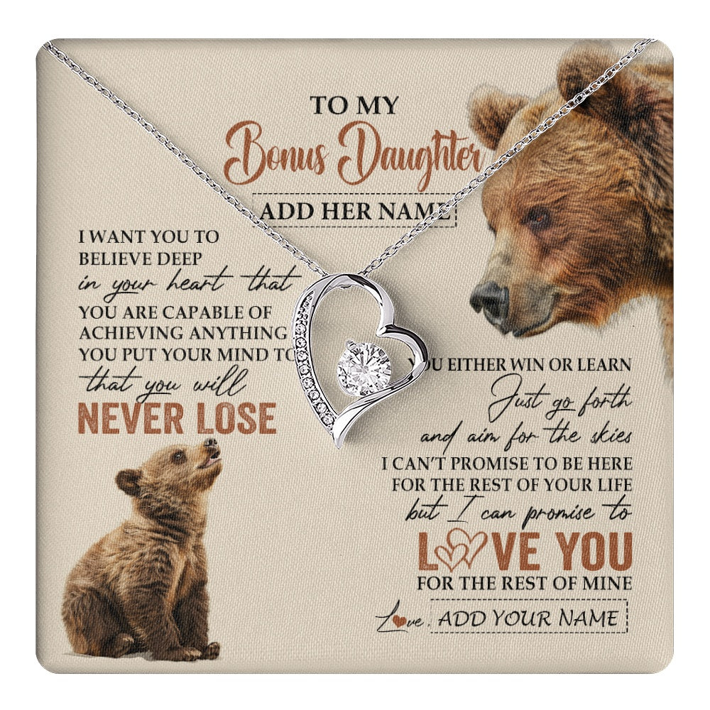Forever Love Necklace 14K White Gold Finish | 1 | Personalized To My Bonus Daughter Necklace From Stepmom Dad You Will Never Lose Bear Stepdaughter Birthday Gifts Graduation Christmas Gift Box Message Card | teecentury.myshopify