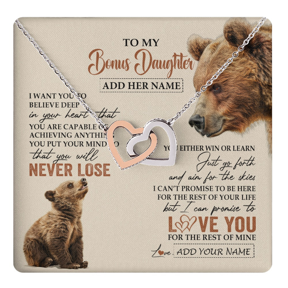 Interlocking Hearts Necklace Stainless Steel & Rose Gold Finish | 1 | Personalized To My Bonus Daughter Necklace From Stepmom Dad You Will Never Lose Bear Stepdaughter Birthday Gifts Graduation Christmas Gift Box Message Card | teecentury.myshopify