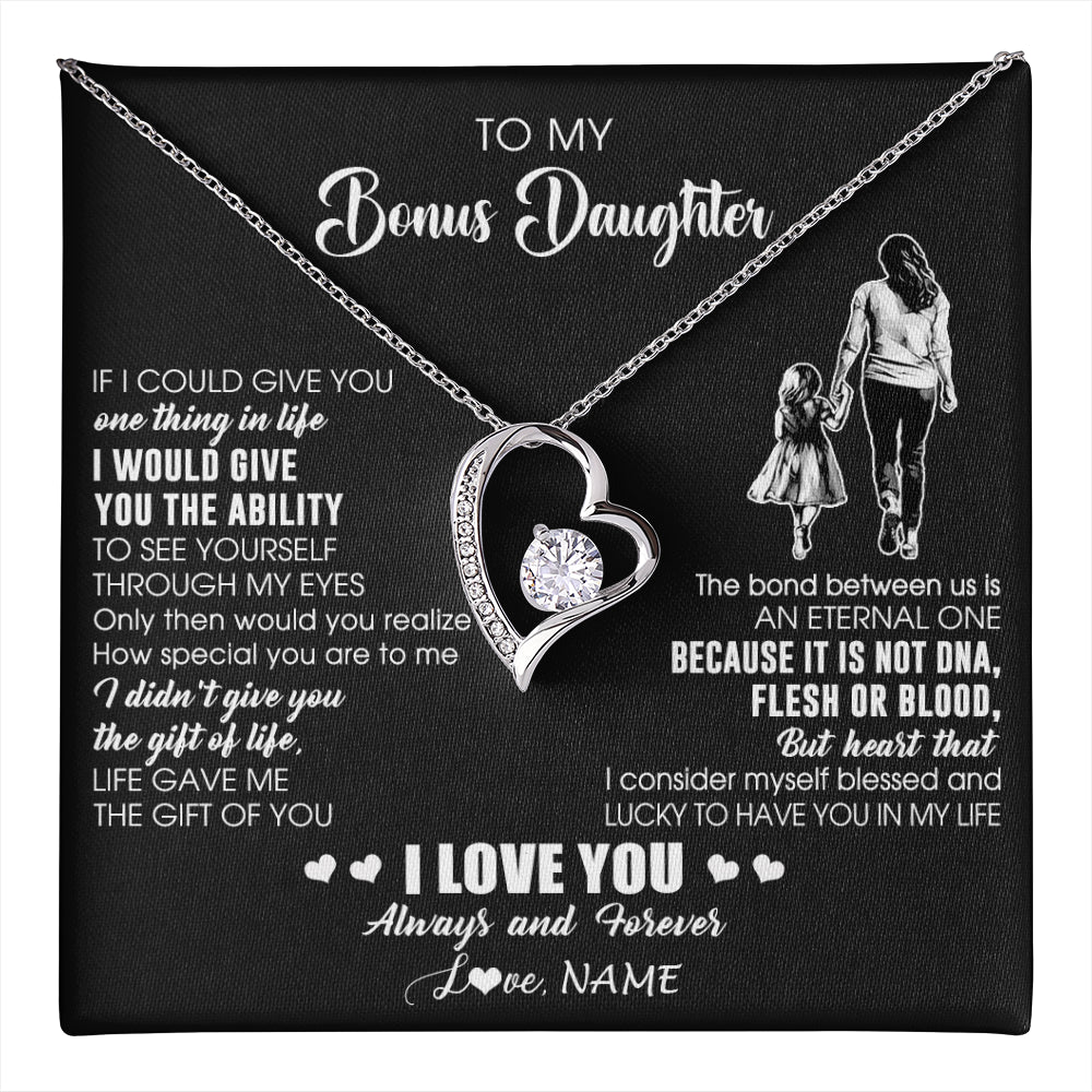 Forever Love Necklace 14K White Gold Finish | 1 | Personalized To My Bonus Daughter Necklace From Stepmom It Is Not DNA I Love You Birthday Gifts Meaningful Christmas Customized Gift Box Message Card | teecentury